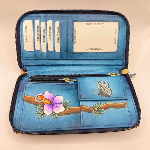 Magnifique Hand Painted Flower Zip Around Wallet Teal Blue Purple Leather NWT - Picture 5 of 8